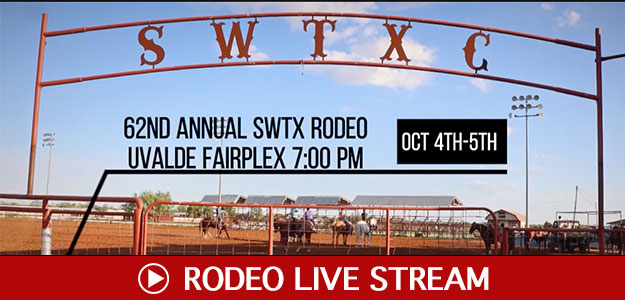 Photo of the SWTXC Rodeo Arena entrance with a red banner with the title Rodeo Live Stream with a play button.