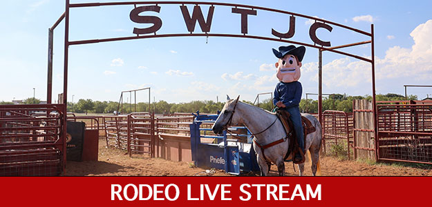 Photo of SWTJC Mascot, Tex, on a horse with a banner stating Rodeo Live Stream.