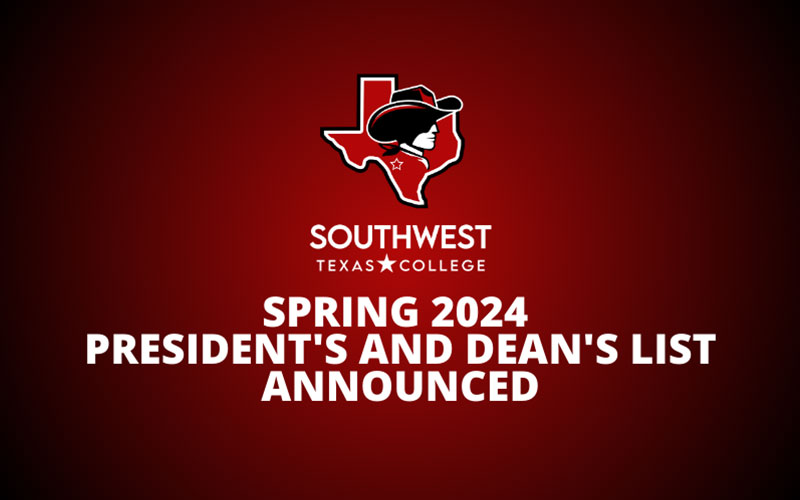 SWTX logo on a red gradient background with the title Spring 2024 President's and Dean's List in white bold font.